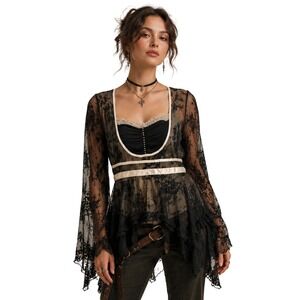 The Pyramid Collection Top Medium Black Lace Asymmetrical Goth Ren Faire Fairy